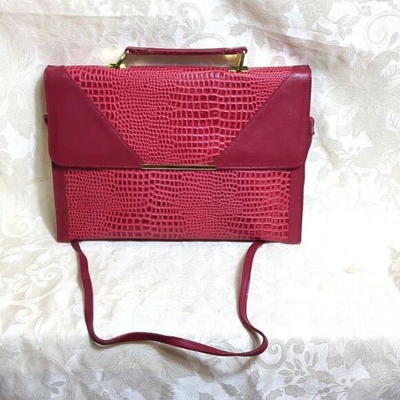Vintage Deep Red Reptile Print Briefcase Style Shoulder Bag - Picture 1 of 9